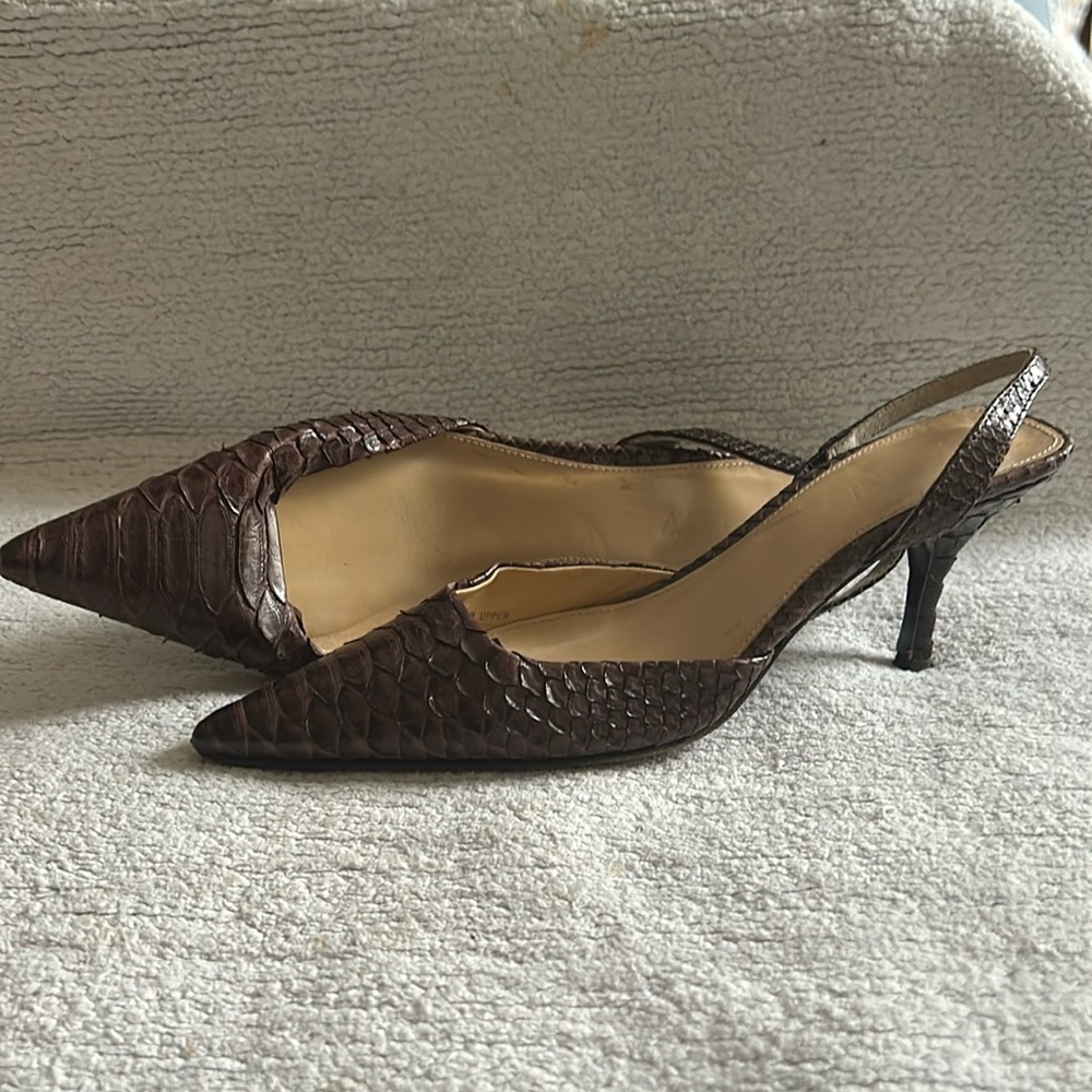 Vintage J. Crew wine-colored snakeskin slingback kitten heels.